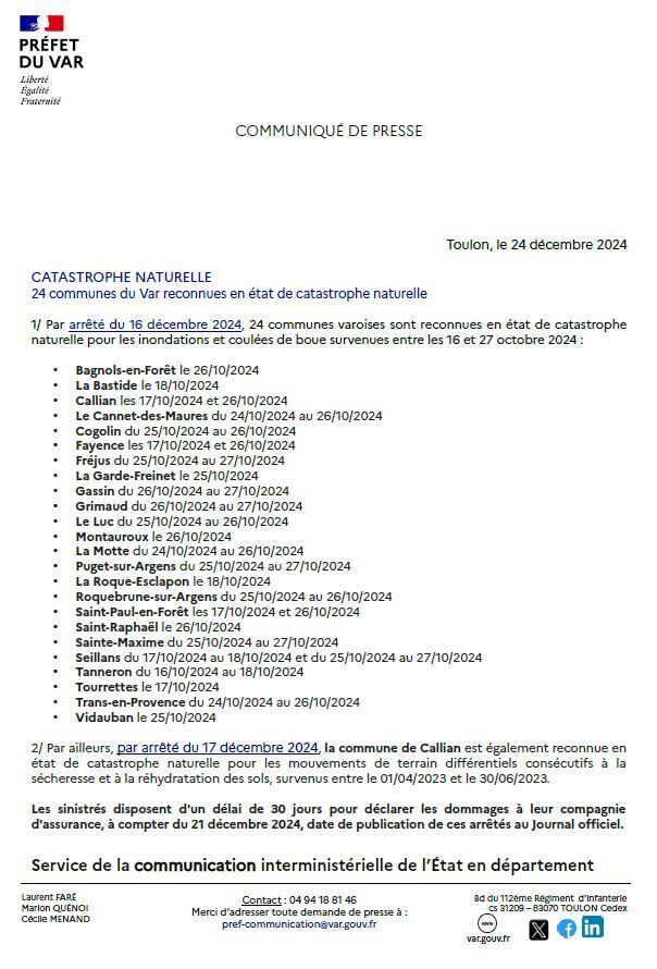 communiqué de presse catastrophe naturelle